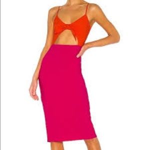 Lovers + Friends Pink/orange color block spaghetti straps midi dress. sm…